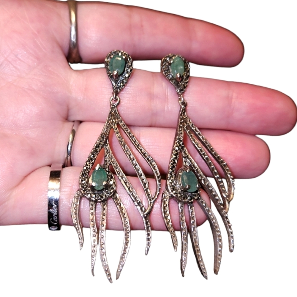 Zambia Emerald 14K PlateGold 925 Silver Natural Emerald 6×4mm Marcasite Earrings